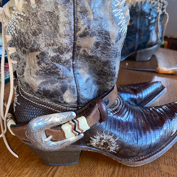 WOMENS BROWN LEATHER & GENUINE LIZARD SKIN CORRAL Upcycled COWBOY BOOTS SIZE 7 M - Picture 6 of 10